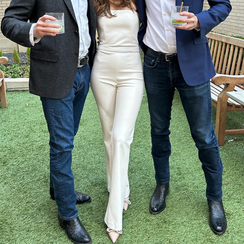 Alice + Olivia Lavera Faux Leather Strapless Flair Jumpsuit